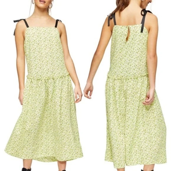 NWT Topshop Floral Print Drop Waist MIDI Dress, Size 6 US Women’s “Lime” Color - Picture 4 of 14